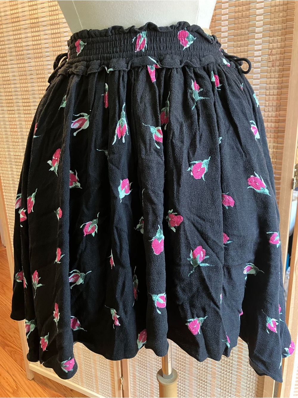 Unique Club Monaco Black Floral  Skirt w/side ties and kerchief hem